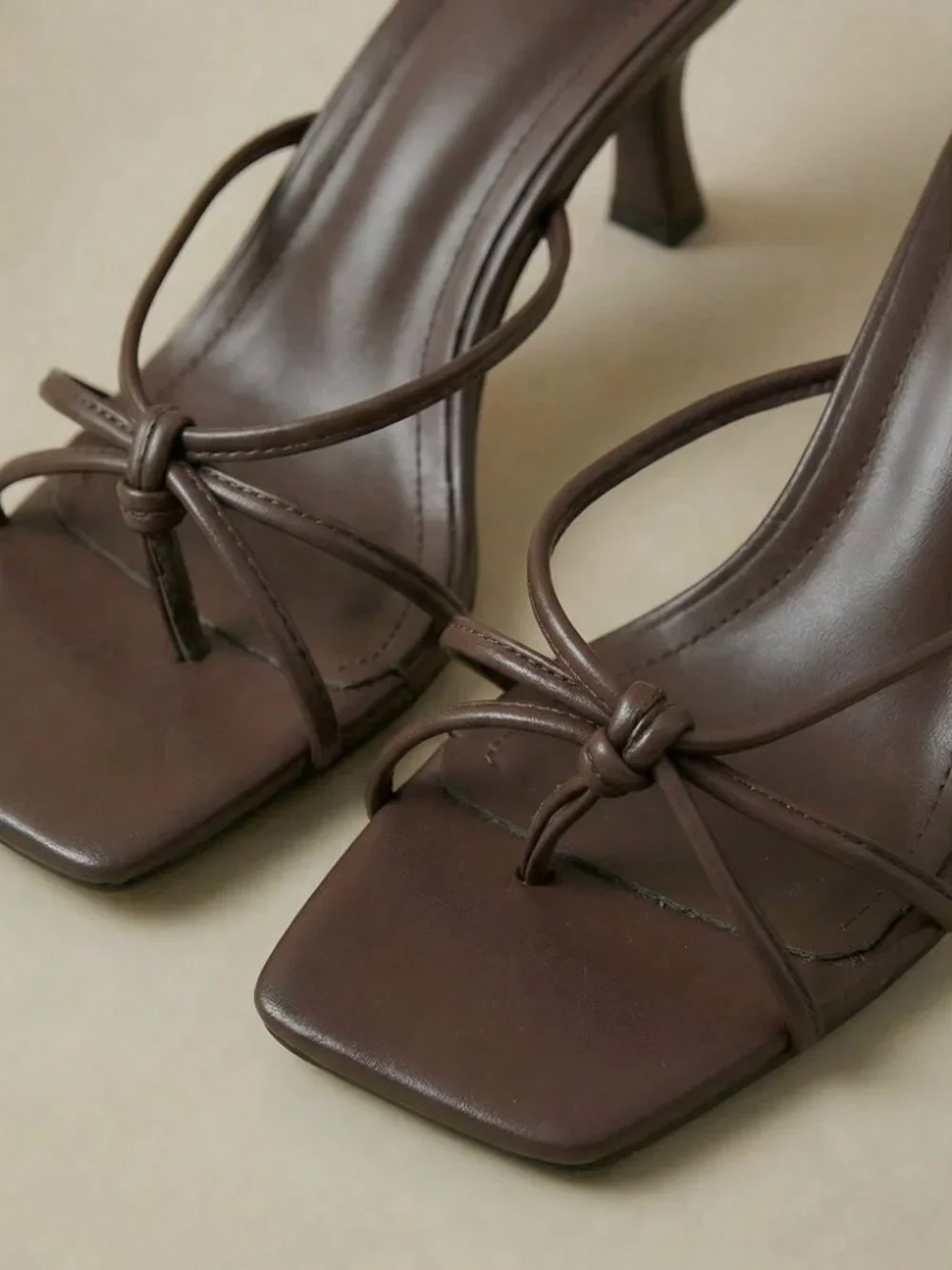 Brown Vegan Leather Strappy Knot Toe Ring Heeled Sandals